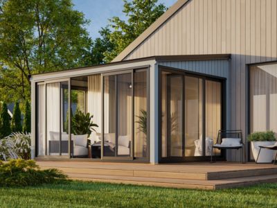 Véranda en bois et verre trempé Lumi - PALMAKO - 13 m² - 420 x 297 cm - Simple vitrage - Bois peint gris