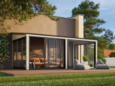 Véranda en bois et verre trempé Lumi - PALMAKO - 17,9 m² - 582 x 297 cm - Double vitrage - Bois naturel