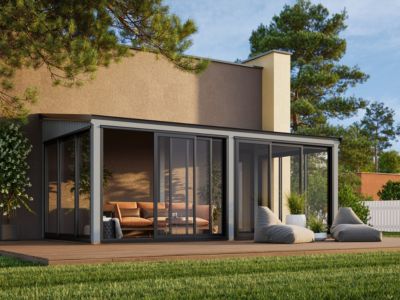 Véranda en bois et verre trempé Lumi - PALMAKO - 17,9 m² - 582 x 297 cm - Double vitrage - Bois peint gris
