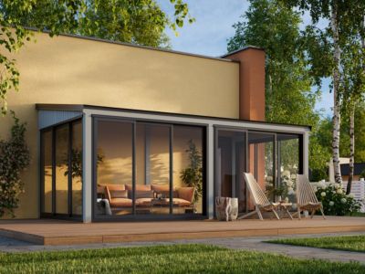 Véranda en bois et verre trempé Lumi - PALMAKO - 18,3 m² - 420 x 420 cm - Double vitrage  - Peint gris