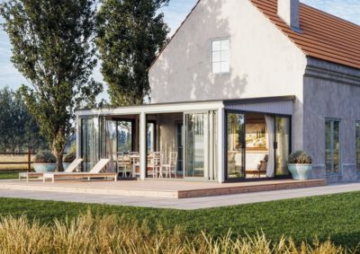 Véranda en bois et verre trempé Lumi - PALMAKO - 25,2 m² - 582 x 420 cm - Double vitrage - Bois peint gris