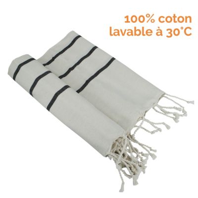 Véritable fouta Tunisienne 1m x 2m tissage à plat 100% coton 380g - Horizon - Lin et Noir - Vivezen