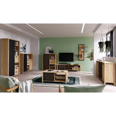 Vaisselier décor chêne avec porte coulissante ajourée noire - SELENA