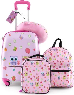 Valise Enfant 5 Pièces,Bagage à Main Rigide de 38CM,Sac à Dos de 33CM,Sac à Déjeuner Isolé,Bagage à Roulettes,Rose Clair