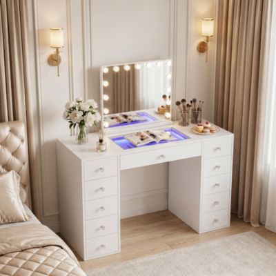 VANITII Coiffeuse avec Miroir LED RGB 11 Tiroirs Blanc 130 x 55 x 127 cm