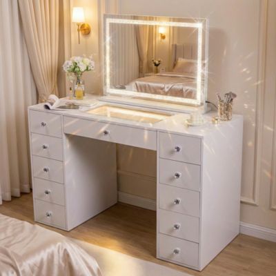 VANITII Coiffeuse avec Miroir LED RGB Bluetooth 11 Tiroirs Blanc 130 x 55 x 139 cm
