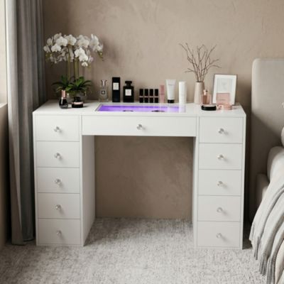 VANITII Coiffeuse avec Miroir LED RGB Bluetooth 11 Tiroirs Blanc 130 x 55 x 139 cm