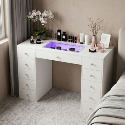 VANITII Coiffeuse LED Éclairage RGB 11 Tiroirs Blanc 130 x 55 x 81 cm