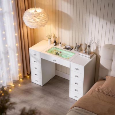 VANITII Coiffeuse LED Éclairage RGB 11 Tiroirs Blanc 130 x 55 x 81 cm