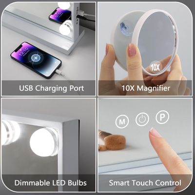 VANITII Grand Miroir Coiffeuse LED avec Loupe 3 couleurs Blanc 58 x 46cm