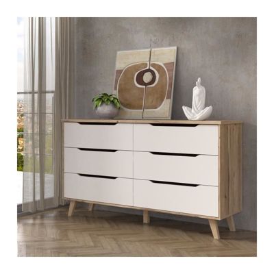 VANKKA Commode 6 tiroirs - Decor chene et blanc - L 154 x  P 42 x H 86 cm