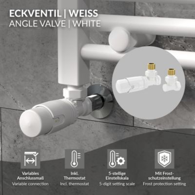 Vanne thermostatique avec raccord de retour LuxeBath pour radiateur blanc tête 1/2 pouce en équerre