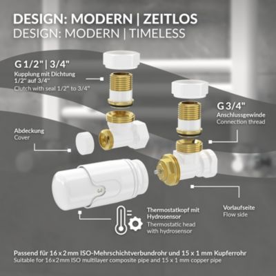 Vanne thermostatique avec raccord de retour LuxeBath pour radiateur blanc tête 1/2 pouce en équerre