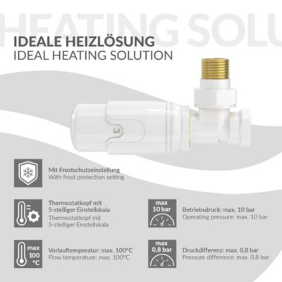 Vanne thermostatique avec raccord de retour LuxeBath pour radiateur blanc tête 1/2 pouce en équerre