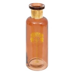 Vase bouteille en verre Ambre motif Palmier doré H 21.5 cm