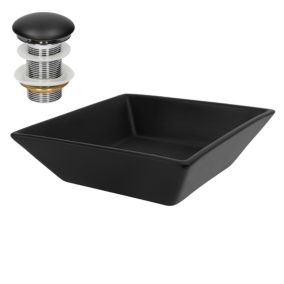 Vasque a poser céramique noir lavabo avec garniture de vidage noir 410x410x120mm