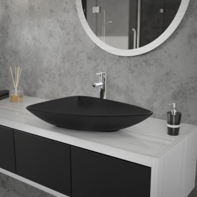 Vasque a poser céramique noir lavabo avec garniture de vidage noir 69x46x13 cm