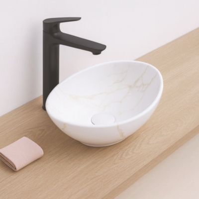 Vasque à poser ovale en céramique effet marbre blanc H.14 cm, Ondee