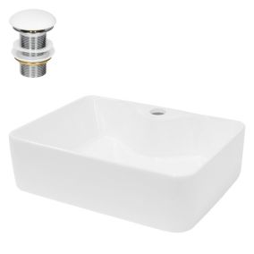 Vasque céramique blanc carré avec garniture vidage salle de bain 480x380x140 mm