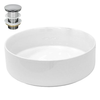 Vasque céramique blanc ronde avec garniture de vidage salle de bain 355x120 mm