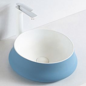 Vasque design rond céramique à poser sur meuble salle de bain, 45,5x45,5x15 cm, KW6188, Bleu / Blanc, cache blanc brillant