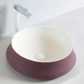 Vasque design rond céramique à poser sur meuble salle de bain, 45,5x45,5x15 cm, KW6188, cache chrome, Violet / Blanc