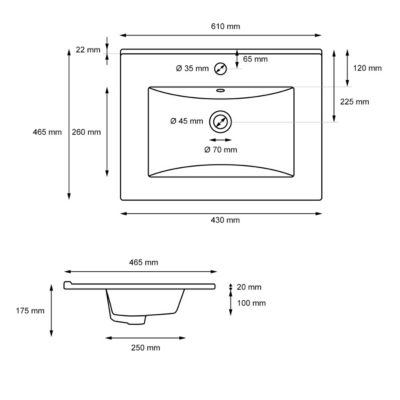 Vasque encastré lavabo Evier salle de bain en ceramique blanc 610 x 465 x 175 mm