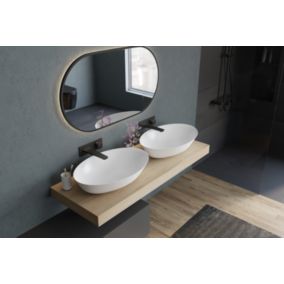 Vasque Lavabo design oval à poser Lave main fonte minérale, NT8531, 60x40x12,5cm Blanc mat, avec bonde + cache