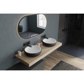 Vasque Lavabo design rond à poser Lave main fonte minérale, NT8559, Diamètre 40cm avec bonde + cache, Noir/Blanc