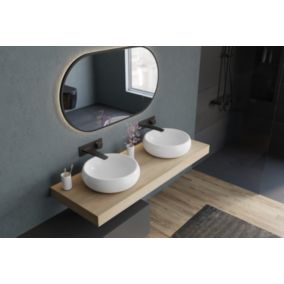 Vasque Lavabo design rond à poser Lave main fonte minérale, NT8559, Diamètre 40cm Blanc mat, avec bonde + cache