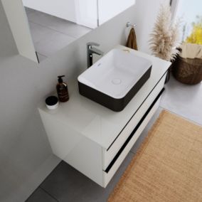 Vasque Lavabo rectangulaire à poser Lave main fonte minérale Salle de bain, Noir mat/Blanc mat -50x36x12,5cm- DURAMAUI