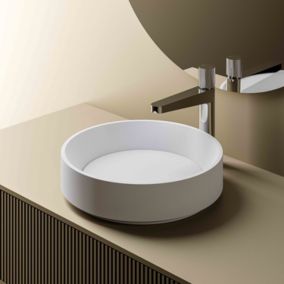 Vasque Lavabo rond design fonte minérale à poser avec bonde NT2430, 42x42x11cm, Blanc mat