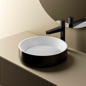 Vasque Lavabo rond design fonte minérale à poser avec bonde NT2430, 42x42x11cm, Noir/Blanc mat