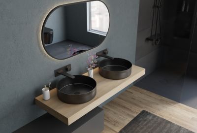 Vasque Lavabo rond à poser en acier inoxydable sur meuble salle de bain NT04, Diamètre 40cm, Gun métal