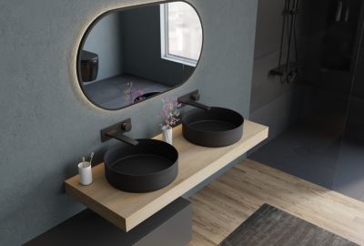 Vasque Lavabo rond à poser en acier inoxydable sur meuble salle de bain NT04, Diamètre 40cm, Noir mat