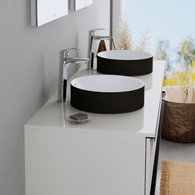 Vasque Lavabo rond à poser Lave main fonte minérale Salle de bain, Noir mat / Blanc mat, Diamètre 36cm, DURACIELO