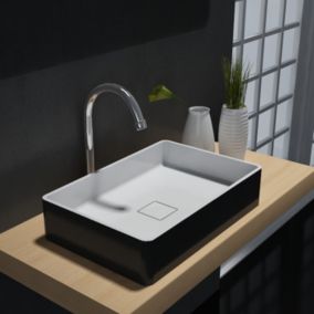 Vasque moderne Lavabo en fonte, Lave main à poser, 48x32x10,5cm, AQUA Mat noir/blanc