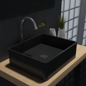 Vasque moderne Lavabo en fonte, Lave main à poser, 60x40x15cm, PB2012B Noir mat, Sans cache
