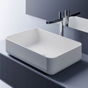 Vasque moderne Lavabo en fonte, Lave main à poser avec cache, 54x36x13cm, PB2001 Blanc mat, Avec cache blanc