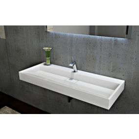 Vasque moderne Lavabo marbre coulé, Lave main à poser avec trou prépercé, 120x46x15cm, BS6001, avec trou prépercé