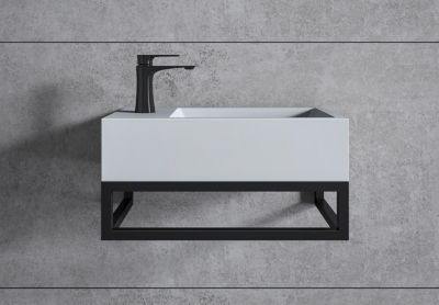 Vasque murale suspendue design 44x22x10cm en fonte minérale - Blanc mat, Avec bonde et cache blanc, Rangement gauche, Avec Console
