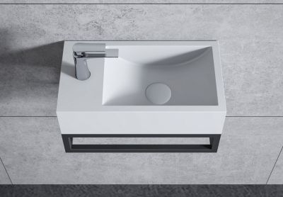 Vasque murale suspendue design 44x22x10cm en fonte minérale - Blanc mat, Avec bonde et cache blanc, Rangement gauche, Avec Console