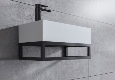 Vasque murale suspendue design 44x22x10cm en fonte minérale - Blanc mat, Avec bonde et cache blanc, Rangement gauche, Avec Console