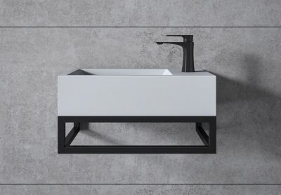 Vasque murale suspendue design 44x22x10cm en fonte minérale - Blanc mat, Avec bonde, Sans cache, Rangement droite, Avec Console