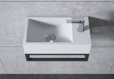 Vasque murale suspendue design 44x22x10cm en fonte minérale - Blanc mat, Avec bonde, Sans cache, Rangement droite, Avec Console