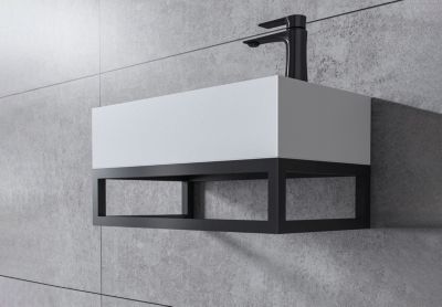 Vasque murale suspendue design 44x22x10cm en fonte minérale - Blanc mat, Avec bonde, Sans cache, Rangement droite, Avec Console