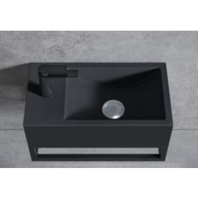 Vasque murale suspendue design fonte minérale, 44x22x10cm, BA18, Bonde, Sans cache, Rangement gauche, Quartz noir, Avec Console