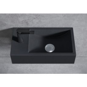 Vasque murale suspendue design fonte minérale, 44x22x10cm, BA18, Bonde, Sans cache, Rangement gauche, Sans console, Quartz noir