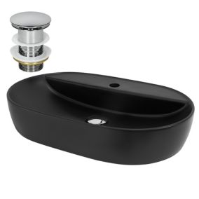 Vasque à poser céramique noir lavabo avec garniture de vidage chrome 600x400 mm