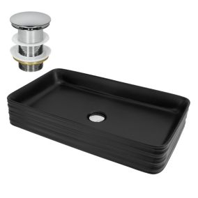 Vasque à poser céramique noir lavabo avec garniture de vidage chrome 68x38x12 cm